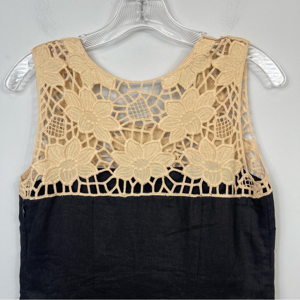 NWT LOFT Black Linen Shift Mini Dress Beige Crochet Lace Floral Neck Color Block - Picture 4 of 13